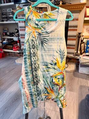 Time and Tru Tropical Print Sleeveless Tank - Yellow, Teal, Blue